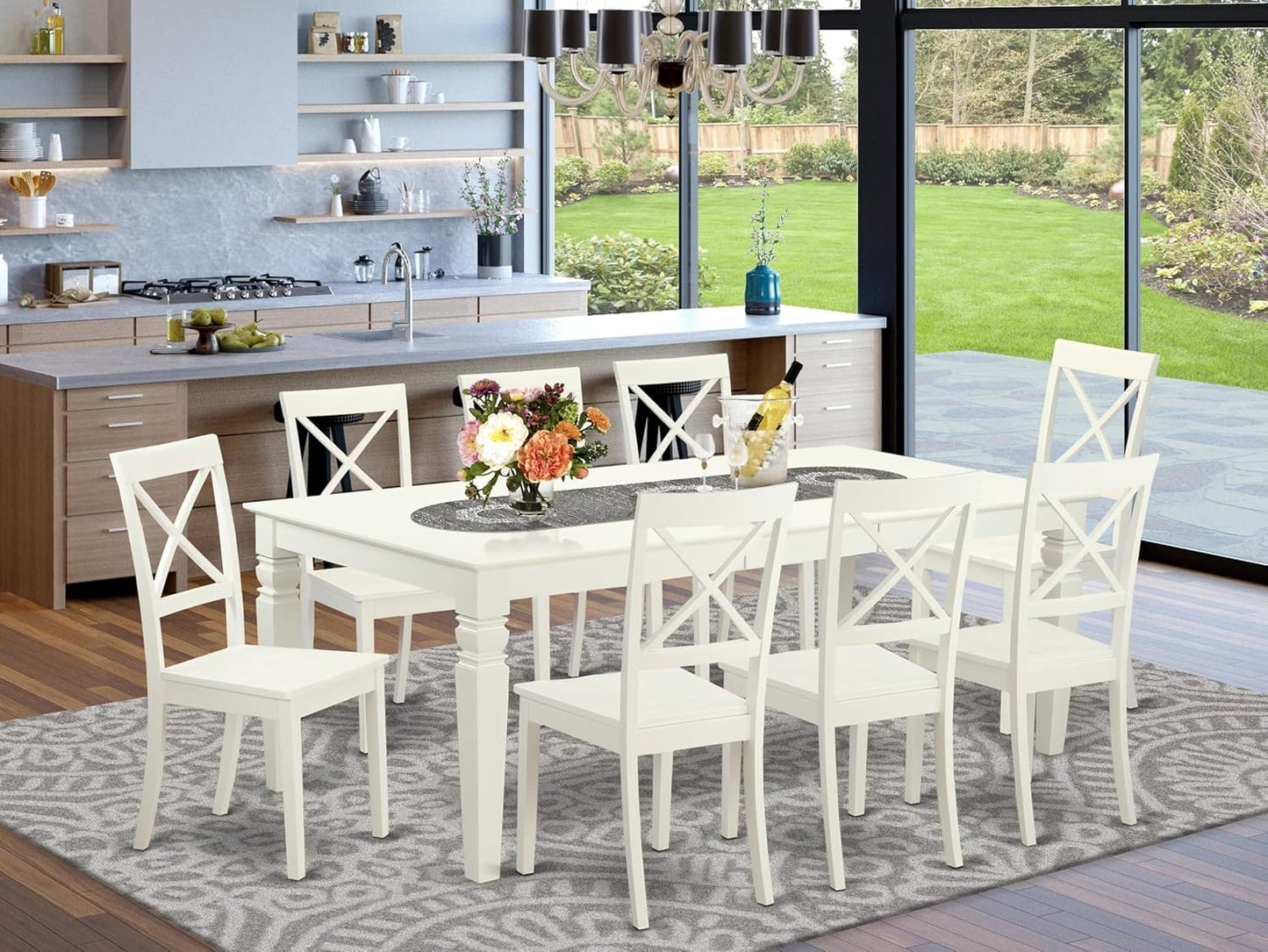 East West Furniture LGBO9-LWH-W 9 Piece Kitchen Table & Chairs Set Includes a Rectangle Dining Table with Butterfly Leaf and 8 Dining Room Chairs, 42x84 Inch, Linen White