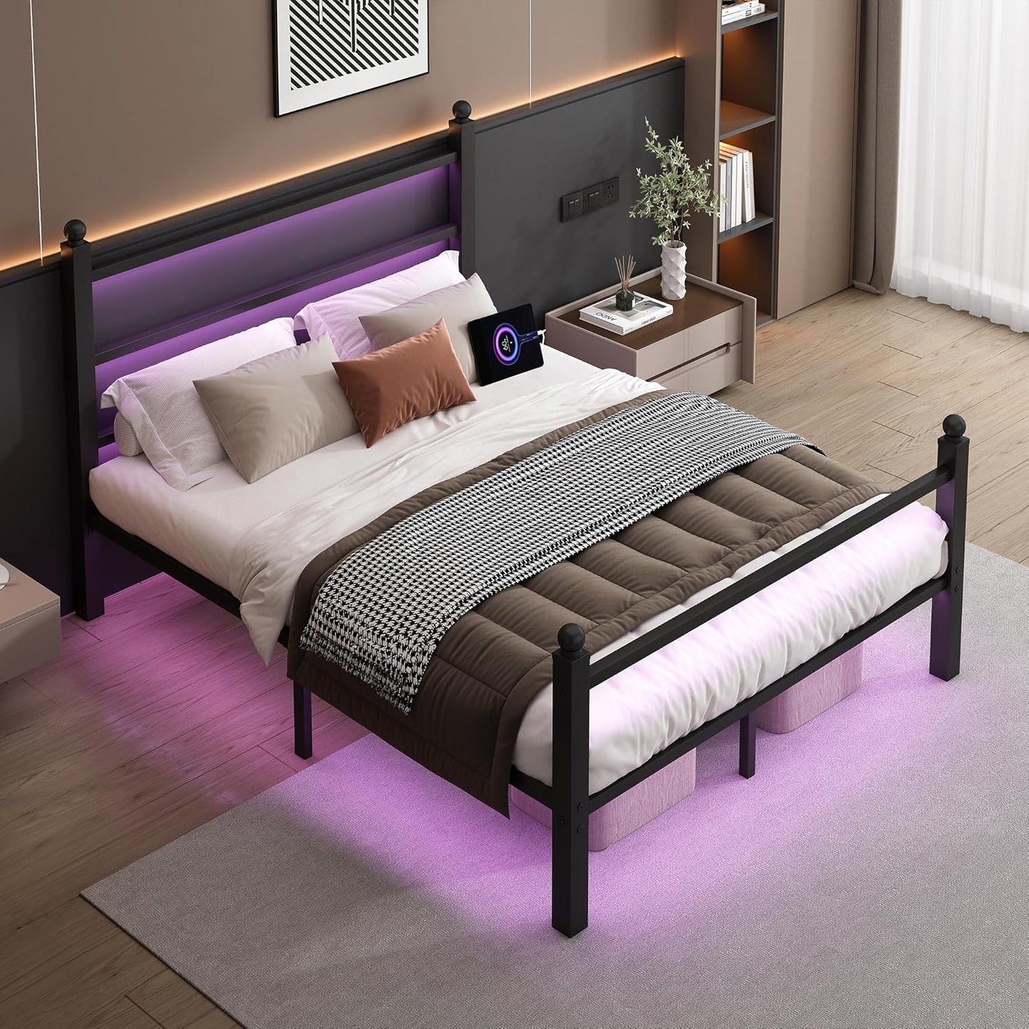 Queen Bed Frame with Headboard and Footboard,Steel Slats Support-LED Bed Frame with USB Charging Station,Mattress Foundation-Under Bed Storage,No Box Spring Needed,Noise Free,Black