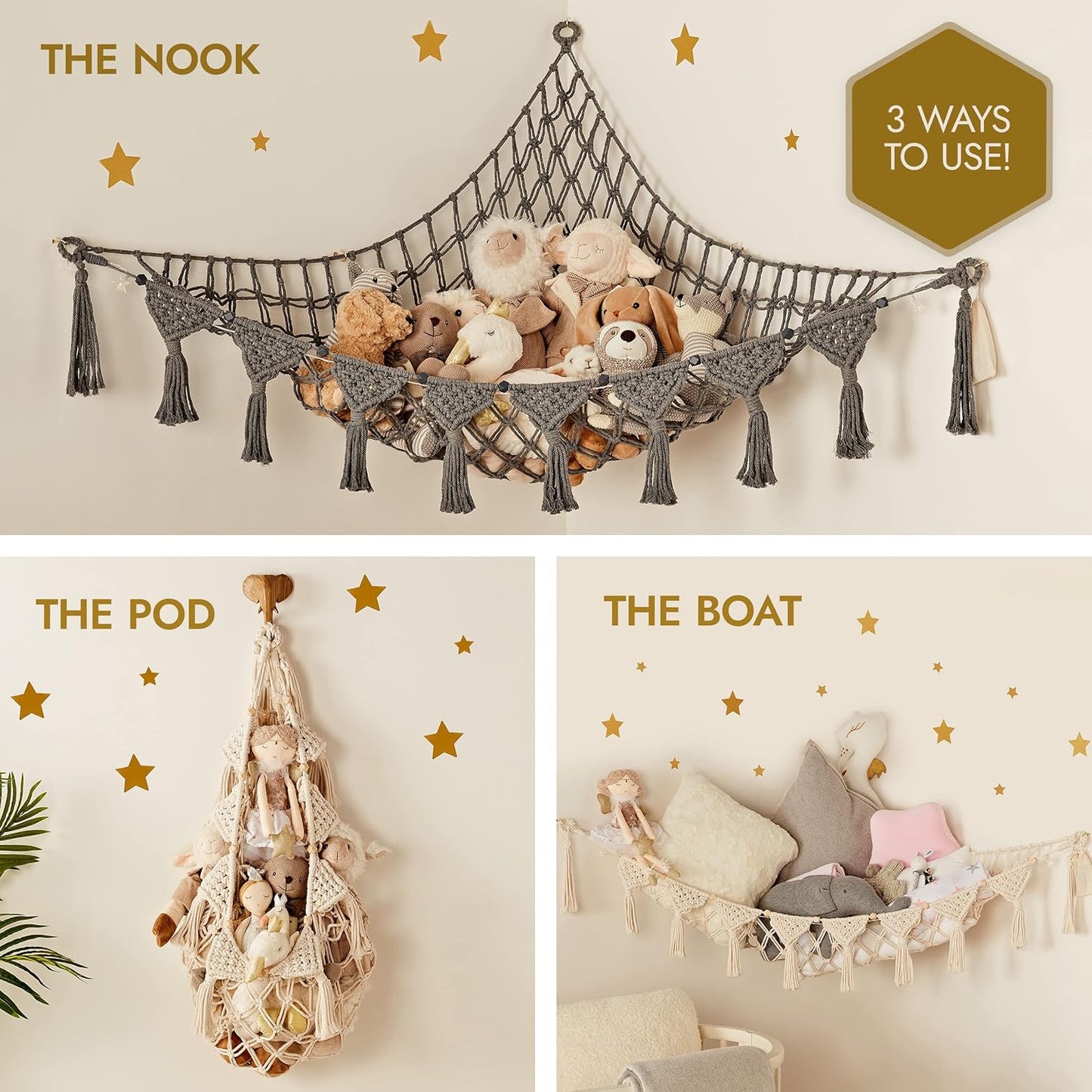 Macrame DreamLights Boho Stuffed Animal Storage Net Hammock Extra Large Plush Toy Storage Holder For Small Or Large Plushies BLACK