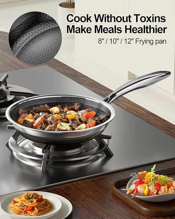 FogDream 3 Pcs Non Stick Frying Pans without Lids, 8, 10 & 12 Inch Stainless Steel Skillets, Tri-Ply Stainless Steel for All Cooktops, Dishwasher & Oven-Safe Cooking Pan, Stay-Cool Handle, Silver