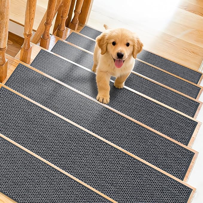 Art3d Stair Treads for Wooden Steps 15Pcs, 8" X 30" Non Slip Stair Runner Rugs with Reusable Adhesive for Elders Kids and Dogs, Machine Washable Peel and Stick Stair Treads Carpet, Black