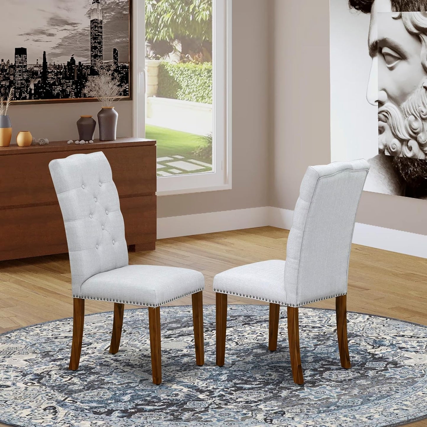 East West Furniture ELP8T05 Elsa Parson Dining Chairs - Button Tufted Nailhead Trim Grey Linen Fabric Upholstered Chairs, Set of 2, Walnut