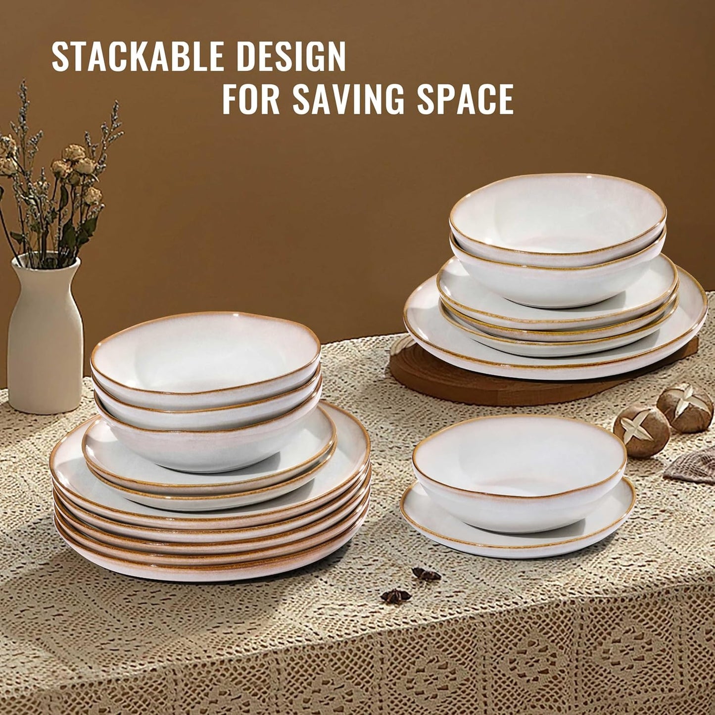 Herogo 18 Piece Stoneware Dinnerware Sets for 6, Plates and Bowls Dinner Dish Set, Irregular Handmade Dinning Ware Dishware for Home Kitchen, Microwave & Dishwasher Safe, Pearl White