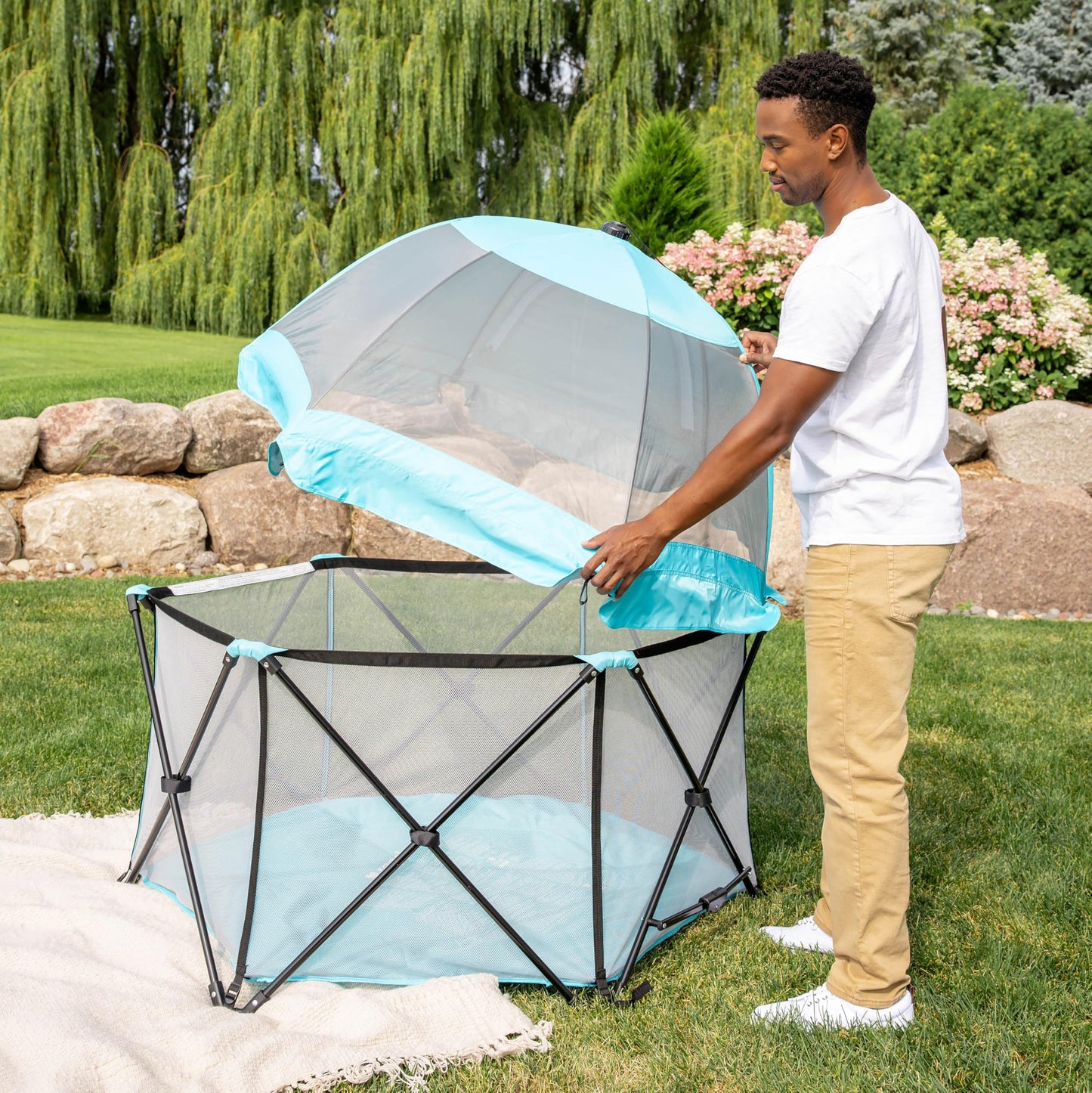 Regalo Safety My Play Deluxe Baby Playpen & Portable Play Yard with Canopy, Foldable 6-Panel Indoor Outdoor Playpen for Babies & Toddlers, Mesh Sides, Washable Nylon Bottom, 48", Aqua/Black