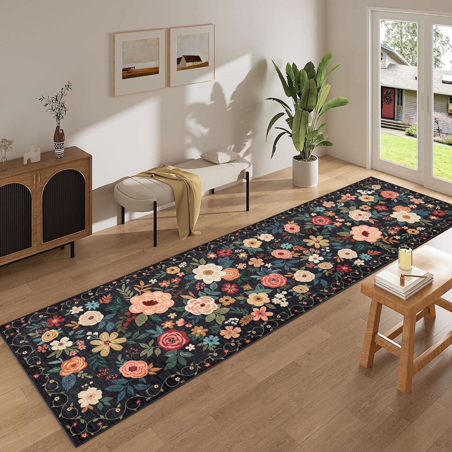 DUKINO 3x10 Runner Rug for Hallway, Washable Kitchen Floral Runner Rug with Non Slip Backing, Low Pile Soft Boho Carpet for Kitchen, Hallway, Entryway, Laundry, Bedroom, Black