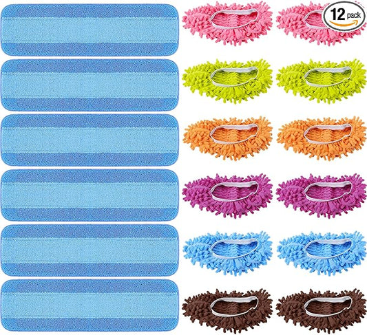 6 Reusable Microfiber Cleaning Pads for 18 Inch Mop, Replacement Cleaning Mop Pads, Machine Washes, 6 Pairs Slippers Shoe Covers Reusable Microfiber Foot Socks Slippers Tools