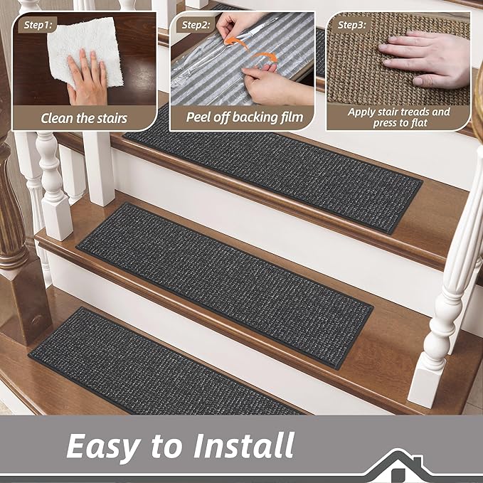 BEQHAUSE Stair Treads for Wooden Steps 28inX9in, Carpet Stair Treads Non Slip Indoor, Machine Washable Stair Runners for Kids Elders and Pets, Carpet for Stair Rugs Mat, TPE Backing, 15pcs, Charcoal