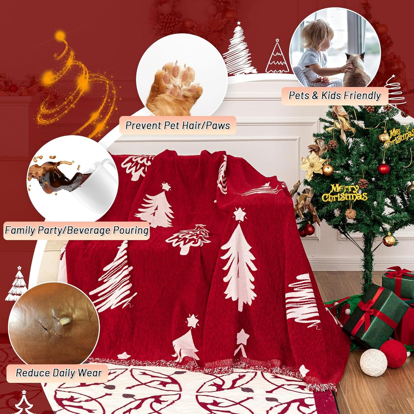 MYSKY HOME 71X134 inches Sofa Christmas Couch Cover, Sectional Sofa Covers Sofa Slipcover for 3 Cushion Couch, L Shape Couch Covers for Dogs, Kids, Washable Sofa Blanket, Furniture Protector, Red