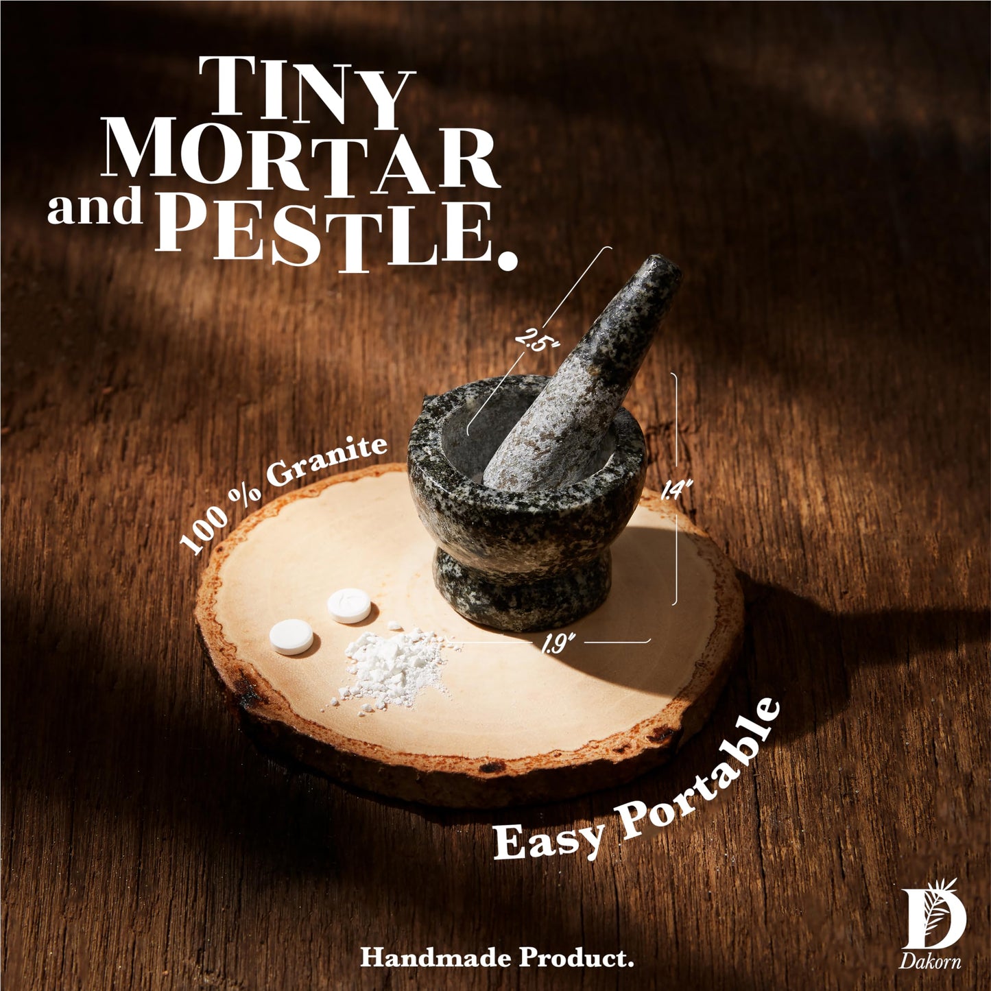 Dakorn Mortar and Pestle Set, Granite with Unpolished Inside, Tiny Size, 1.9",