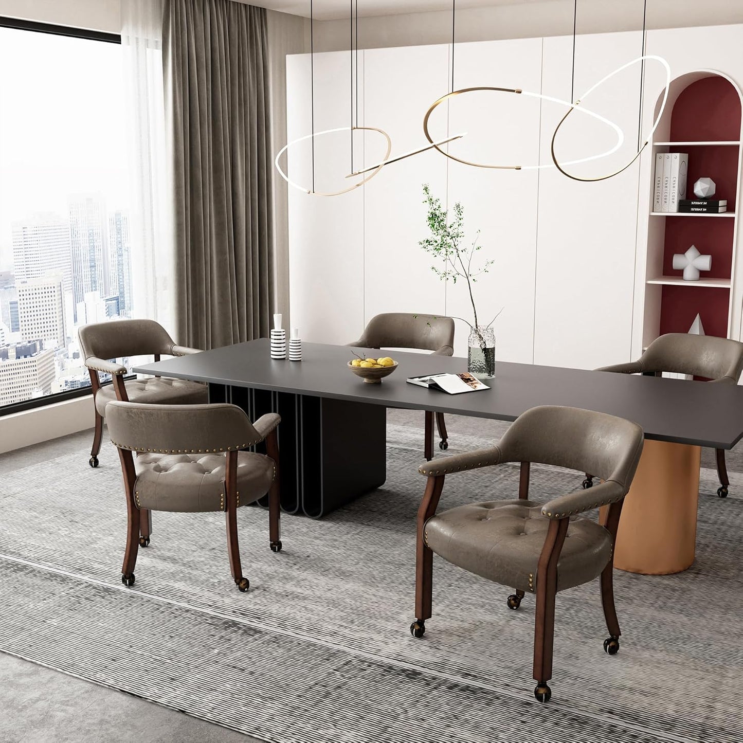 LEEMTORIG Large Dining Chairs with Casters and Arms, Rolling Dining Chairs with Wheels, Poker Chairs, Solid Wood Office Desk Chairs, 26"D x 25.2"W x 31.5"H, Cherry Legs & Dark Brown Fabric SY-1533-DK