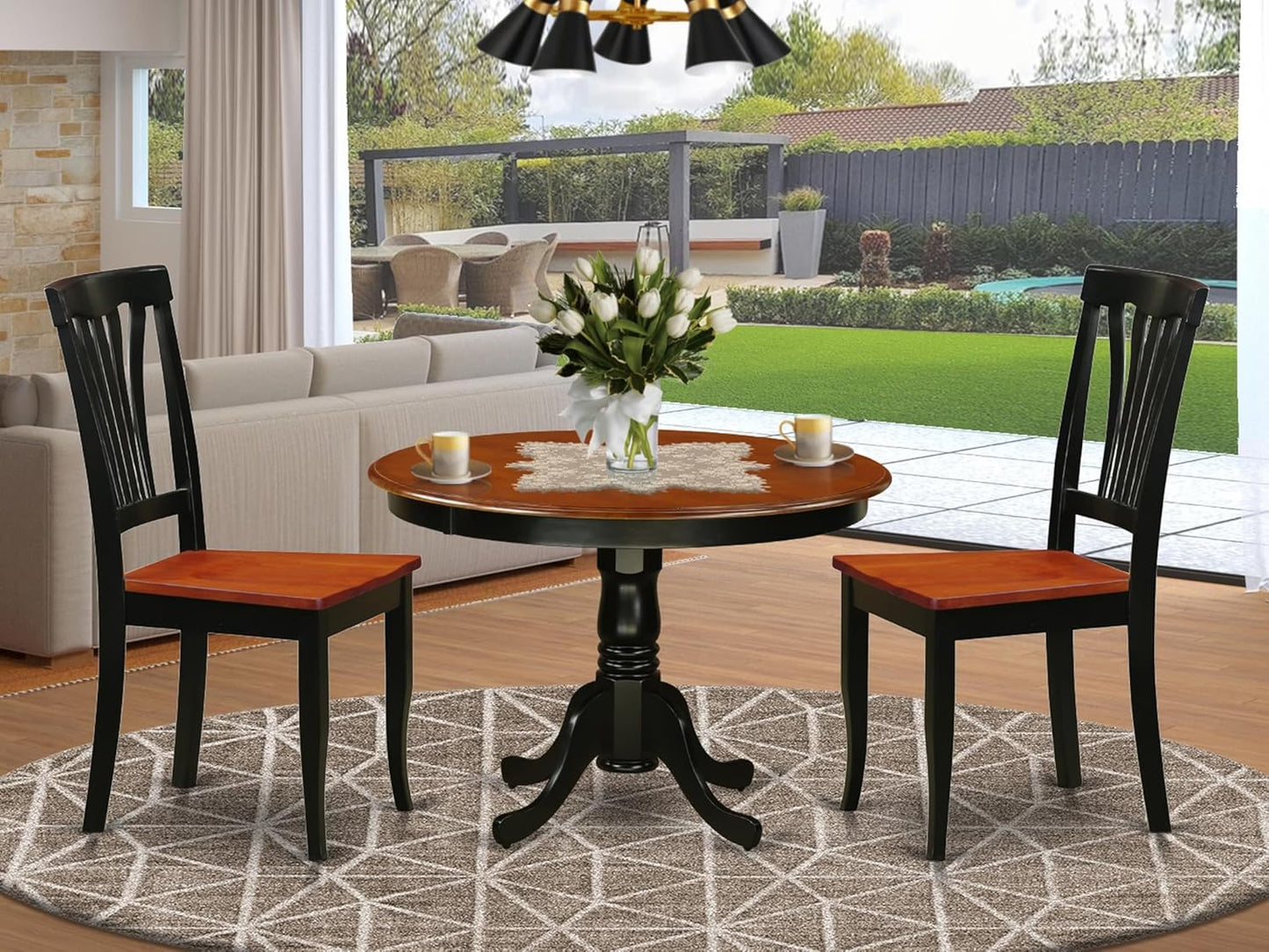 East West Furniture HLAV3-BCH-W 3 Piece Kitchen Table & Chairs Set Contains a Round Dining Table with Pedestal and 2 Dining Room Chairs, 42x42 Inch, Black & Cherry