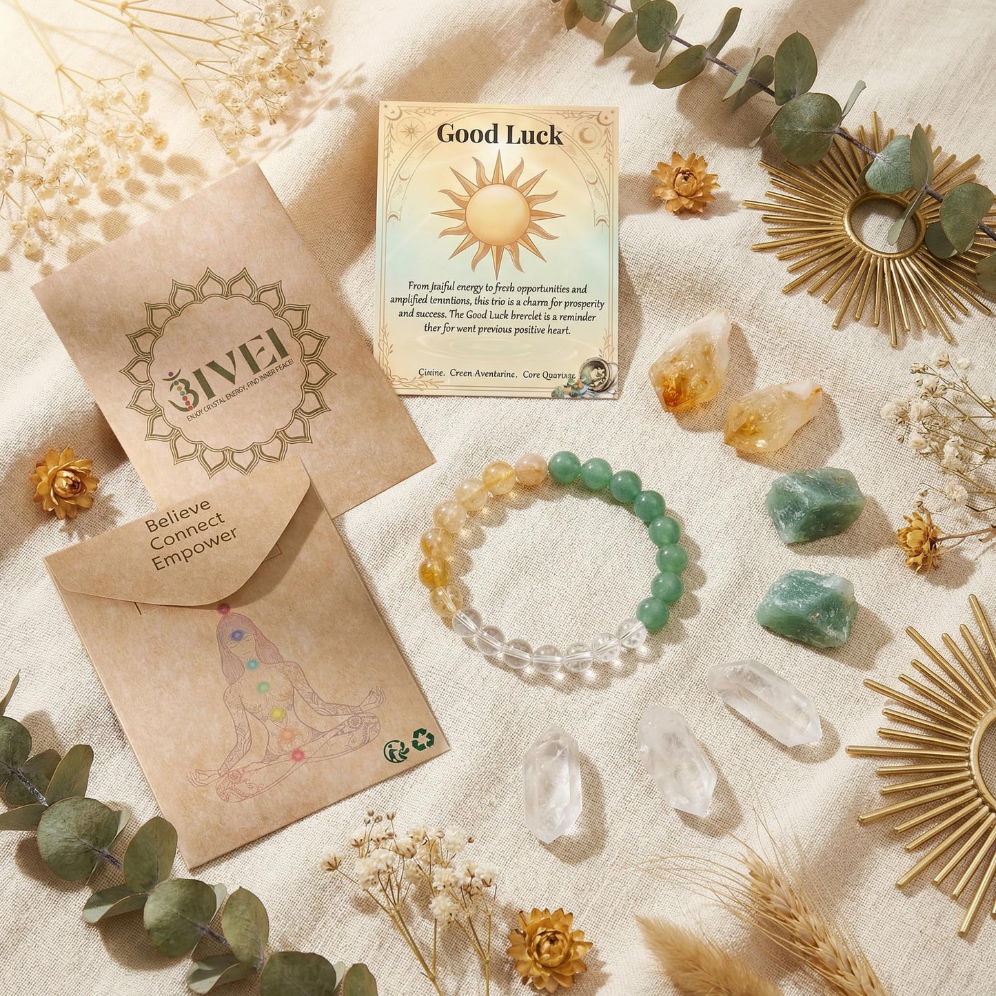 Bivei Good Luck Bracelet, Strength Crystal Healing Bracelet 8MM with Citrine & Green Aventurine & Clear Quartz - Spiritual Stretch Beaded Jewelry for Women Men Gift