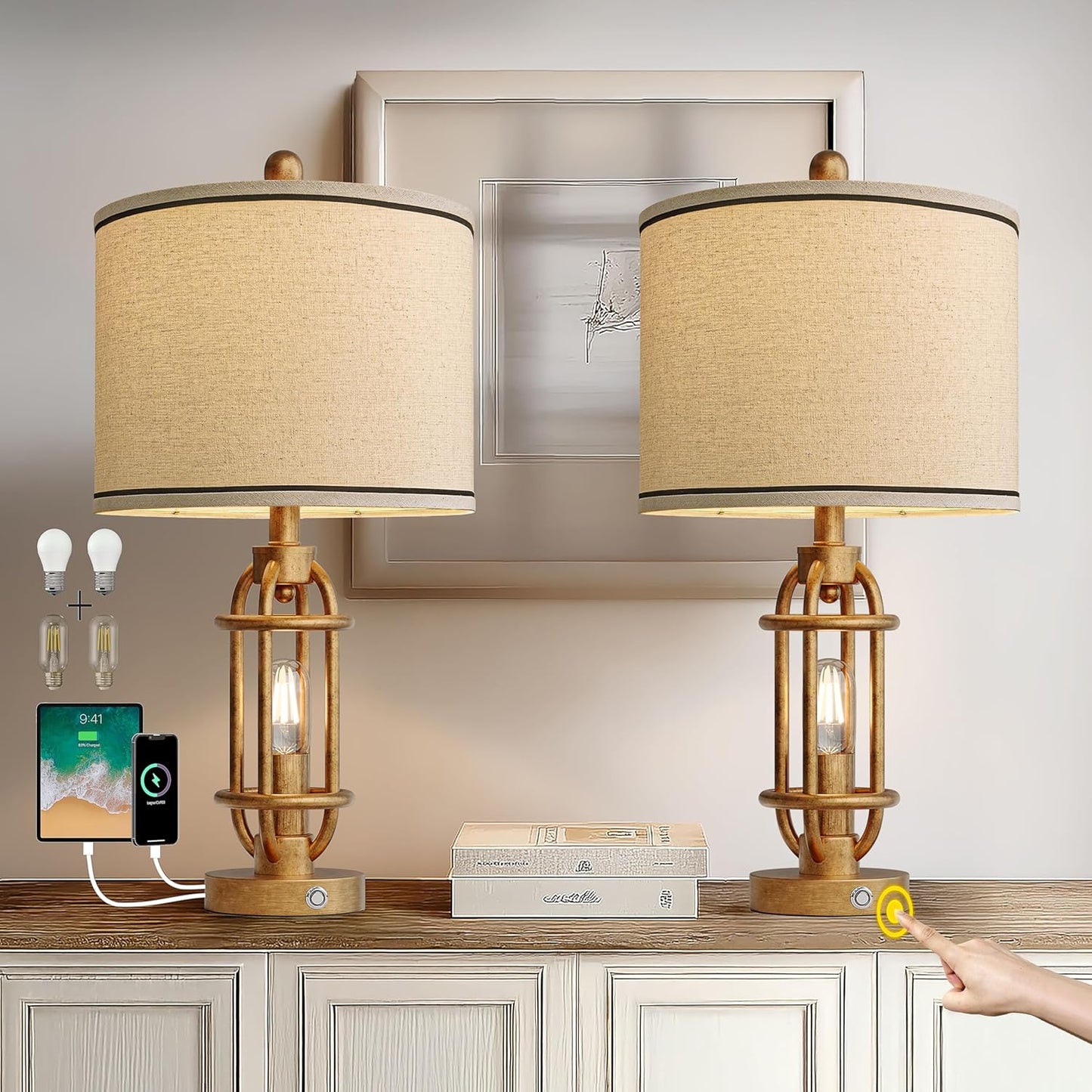 23.75'' Table Lamps Set of 2 for Living Room Bedroom Industrial Farmhouse Metal Touch Lamps with USB A+C Ports, Night Light Vintage Nightstand Bedside Lamp, Bulbs Included, Antique Gold