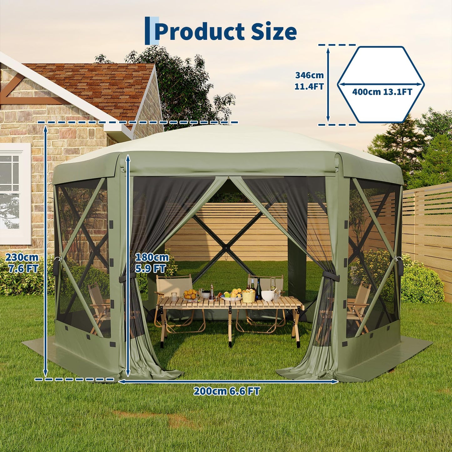 GarveeLife 13x13FT 6-Sided Pop Up Gazebo Tent，One-Push Setup Canopy Tent with Removable Canopy Top & Wind Cloths, Outdoor shelter for Camping, Backyard Parties, Outdoor Events - Army Green