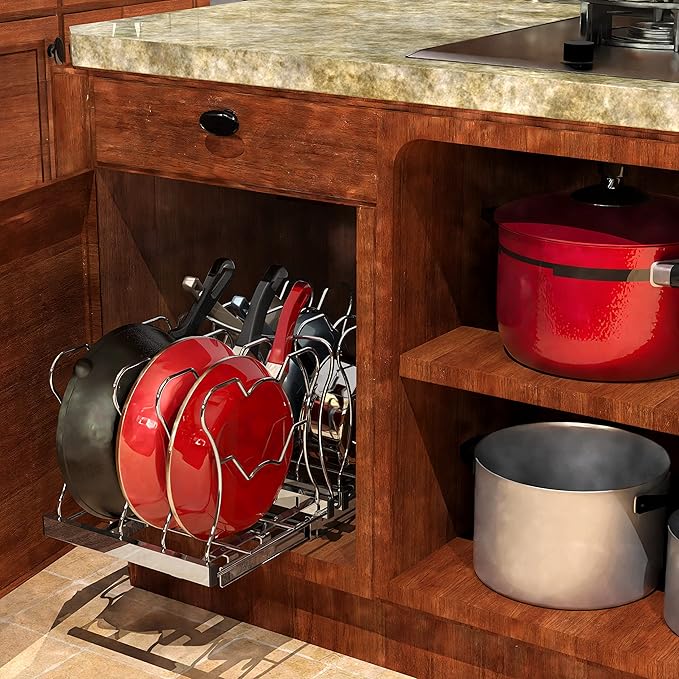 SIMPLE HOUSEWARE Organizer Pull Out Under Cabinet Sliding Shelf for Kitchen,Bathroom, Pantry Pan and Pot Lid, Silver