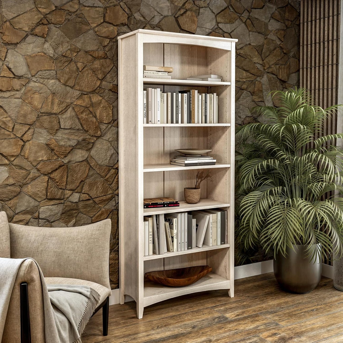 Camaflexi Shaker Style 6 Shelf Bookcase/Solid Wood / 72 inch Tall/Adjustable Shelving/Closed Back/Display Bookshelf for Living Room, Bedroom, Home and Office, Light Oak