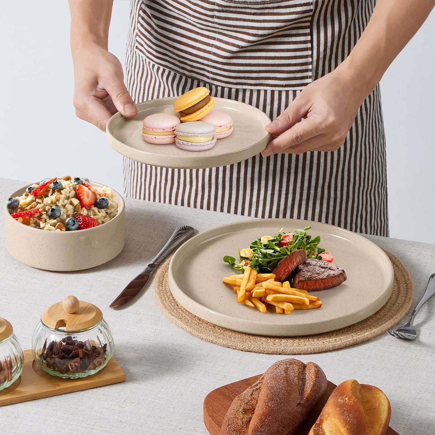 E-far Stoneware Dinnerware Sets, 12-Piece Plates and Bowls Dish Set for 4, Kitchen Modern Dinning Ware, Chip and Scratch Resistant, Microwave & Dishwasher Safe, Speckled Khaki