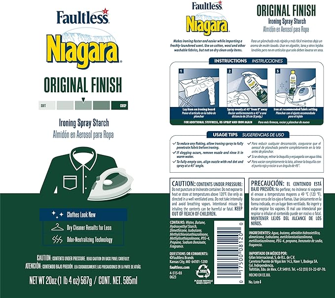 Liquid Starch Iron Spray (20 oz, 12-Pack) - Niagara Starch Spray Iron Aid: Non-Flaky/Clogging | Durafresh Scent - Original Hold Iron Out Spray - Iron Spray Pack for Clothes & Fabrics