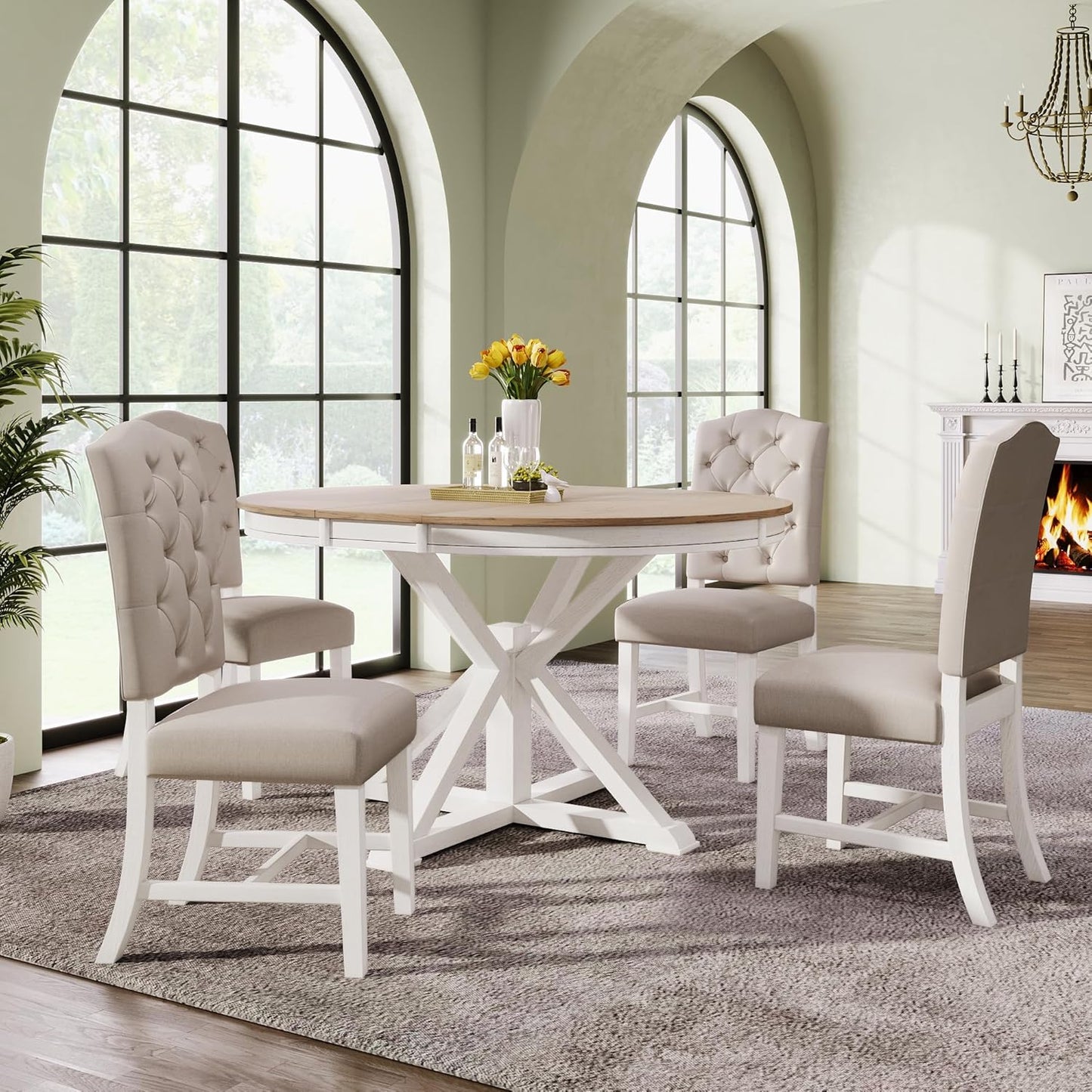 SogesPower 5-Piece Round Farmhouse Retro Dining Table Set for 4, Space-Saving Kitchen Table Set with Extendable Table and 4 Upholstered Chairs for Dining Room Living Room,Oak Natural Wood