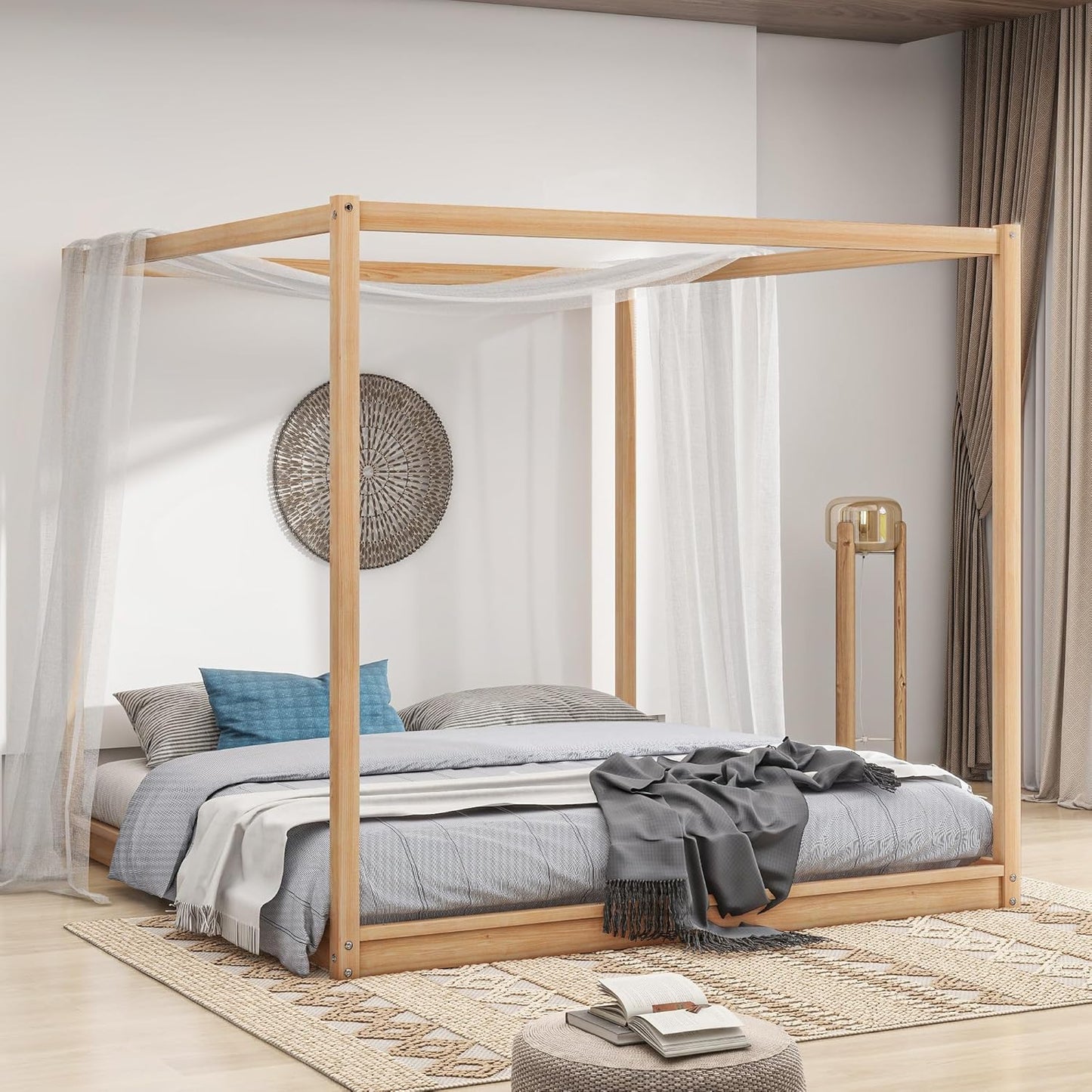 King Size Canopy Platform Bed with Support Legs,Solid Wood Bed Frame,4-Post Canopy-Platform-Bed for Kids Teens Adults, No Box Spring Needed,Natural