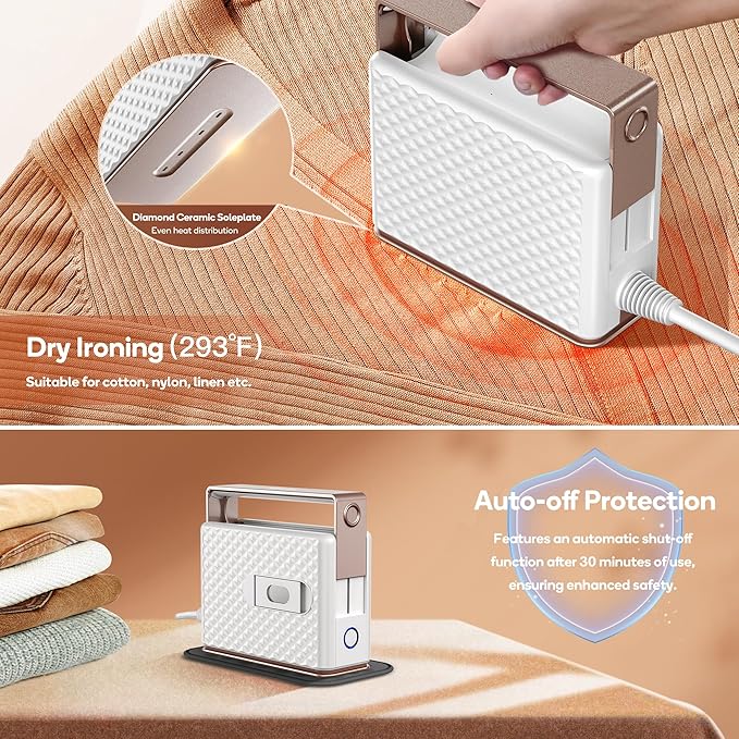 Newbealer Travel Steam Iron for Clothes, Global Voltage 100-240V Handheld Steamer, 293℉ Dry Ironing, Non-Stick Ceramic Soleplate, Horizontal & Vertical Steaming, Auto-off, Silicone Rest & Zipper Bag