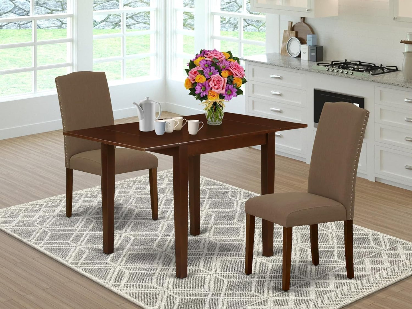 East West Furniture NDEN3-MAH-18 3 Piece Dining Set Contains a Rectangle Dining Room Table with Dropleaf and 2 Dark Coffee Linen Fabric Upholstered Chairs, 30x48 Inch, Mahogany