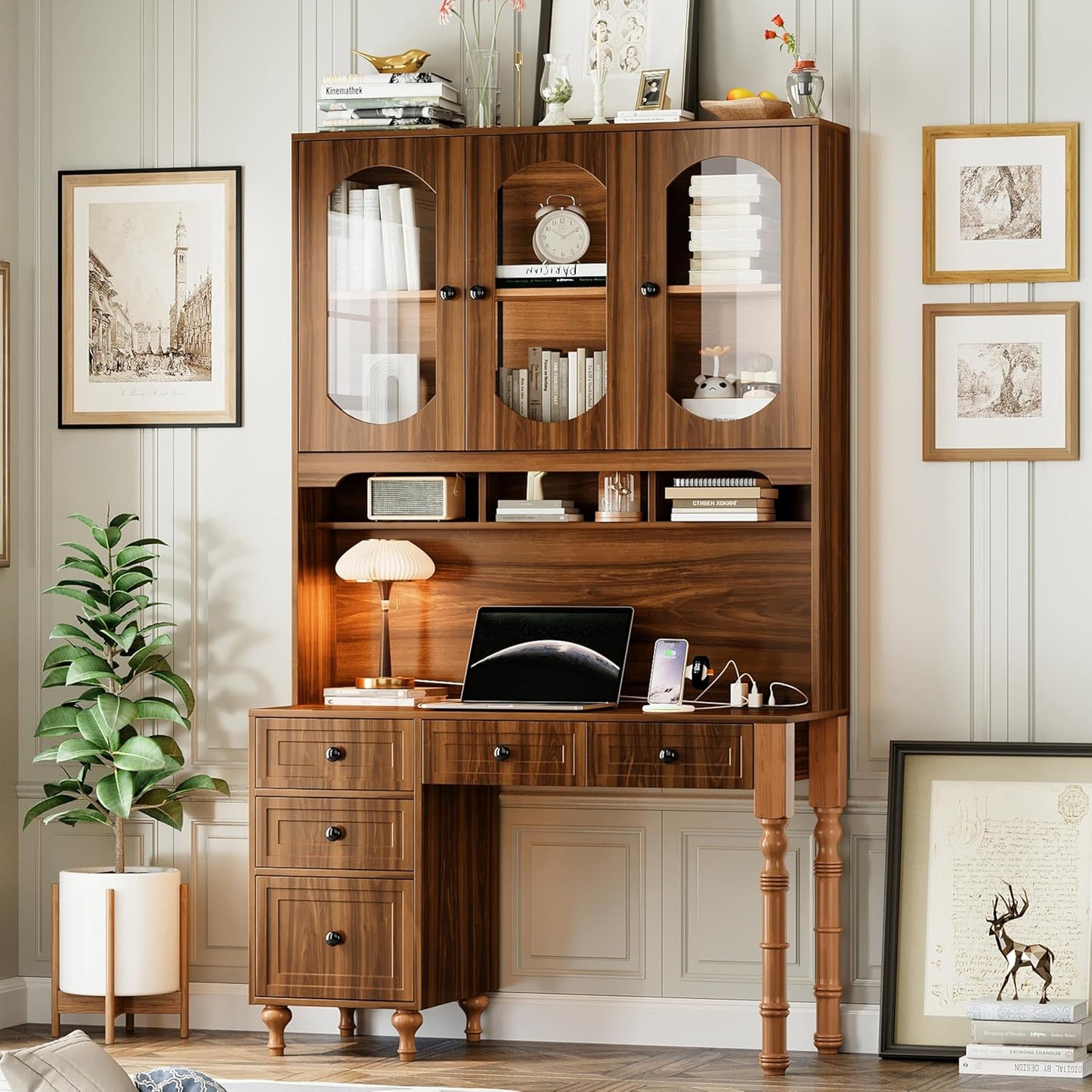 Merax 47'' Executive Desk with Charging Station and Hutch, Home Office Desk with 5 Drawers and Glass-Door Bookshelf, Retro Computer Desk for Study, Bedroom Office Furniture, Walnut
