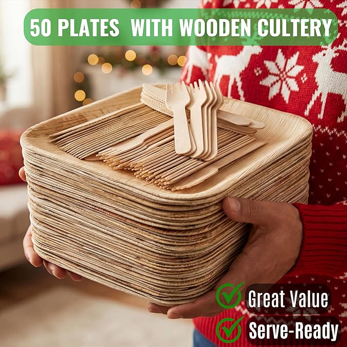 Palm Leaf Plates 10 Inch – 50 Pack Palm Plates with 50 Wooden Forks & 50 Knives – Bamboo Plates Disposable and Bamboo Dinner Plates for Weddings, Parties, Holidays, Christmas & New Year