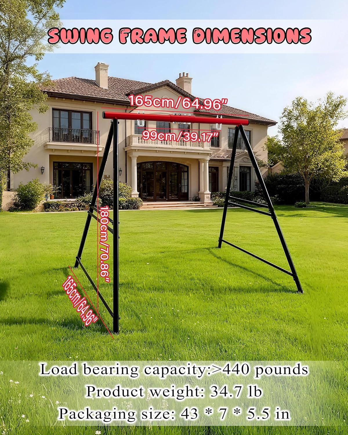 Porch Swing Stand Frame for Both Kids and Adults,440Lbs Heavy-Duty Metal A-Frame for Swing Sets for Backyard (Frame Only) (Red)