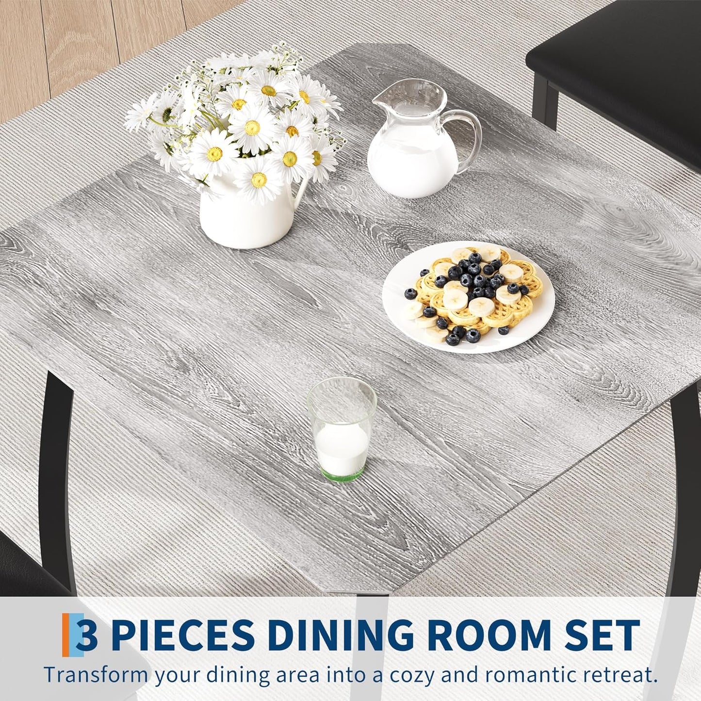 Small Dining Table Set for 2,3-Piece Kitchen Table Set with Thick Wood Grain Tabletop & 2 Upholstered Chairs & Metal Frame, Compact Table Set for Small Spaces, Kitchens & Dining Rooms (Grey)