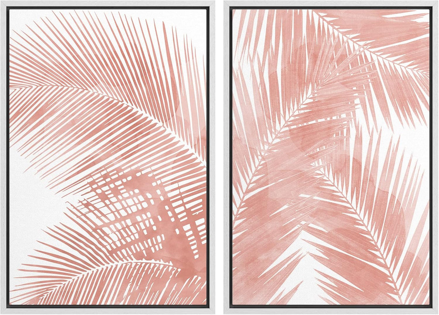 SIGNWIN Framed Canvas Print Wall Art Set Tropical Red Pastel Palm Leaf Plants Nature Wilderness Illustrations Modern Art Decorative Rustic Chic for Living Room, Bedroom, Office - 16"x24"x2 White