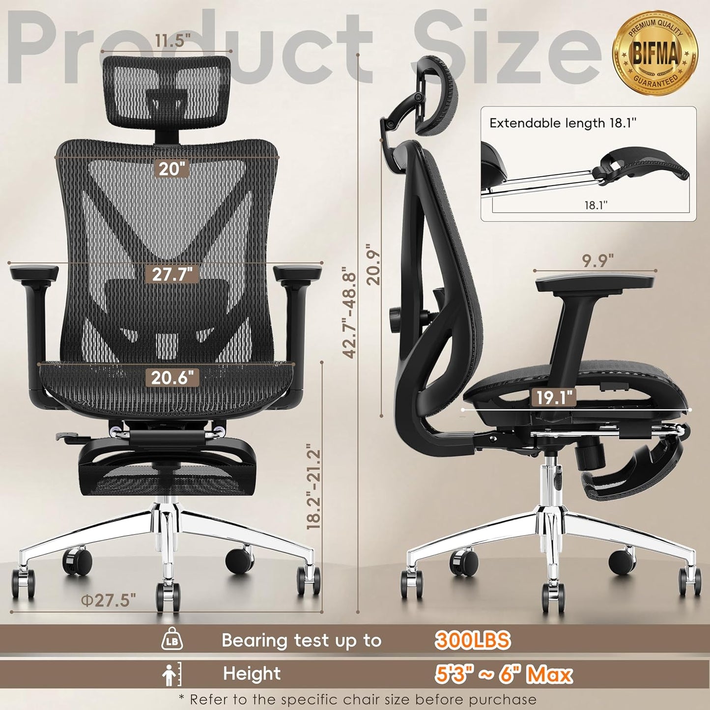 GABRYLLY Ergonomic Office Chair with Adjustable Lumbar Support, 3D Armrests & Headrest, 135° Reclining Chair with Footrest & Large Steel Base,300LBS Swivel Desk Chair(GYMN01)