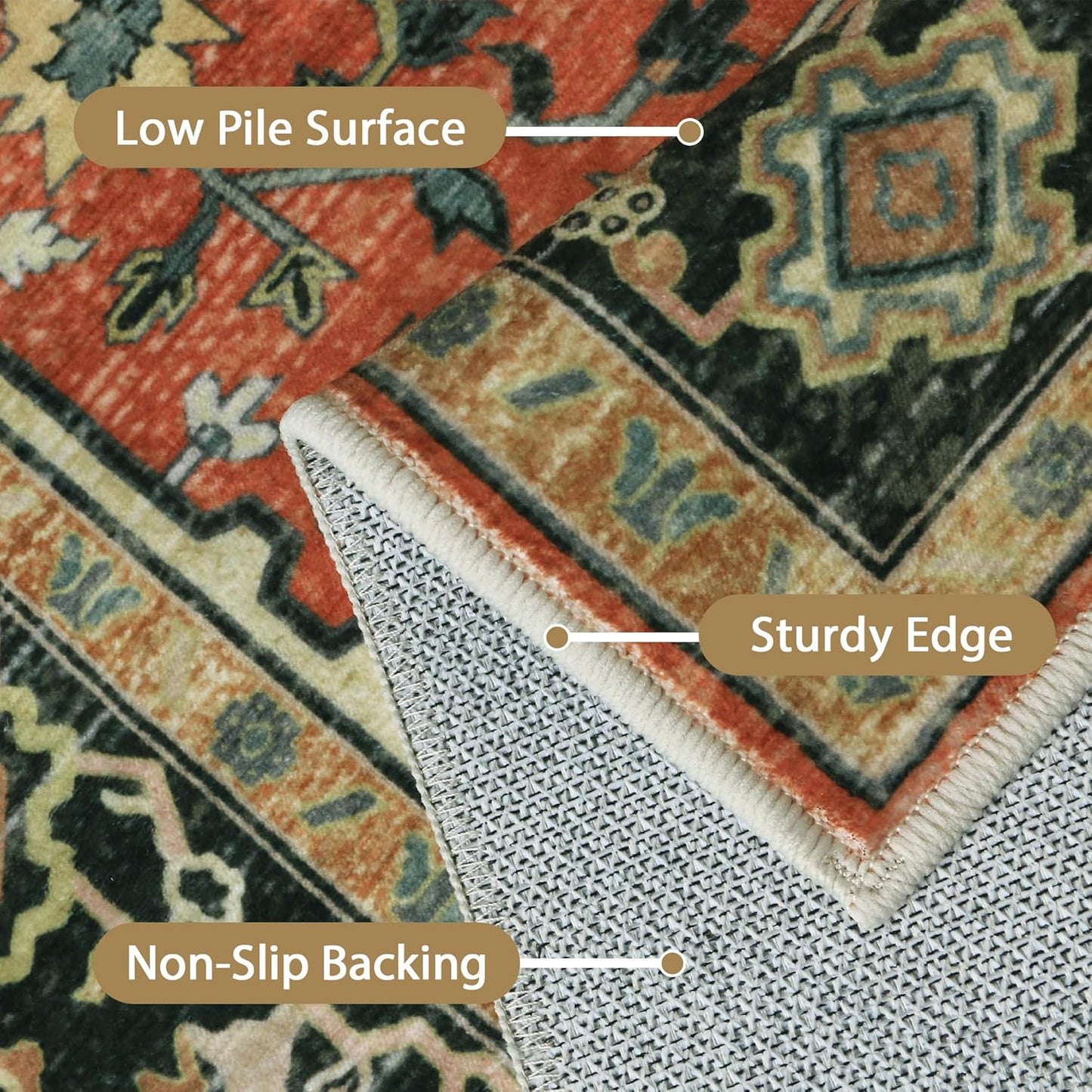 GENIMO 8x10 Area Rugs for Living Room, Machine Washable Non Slip Vintage Rugs, Low Pile Lightweight Chenille Print Rug for Bedroom, Dining Room, Home Office,Desert Ember