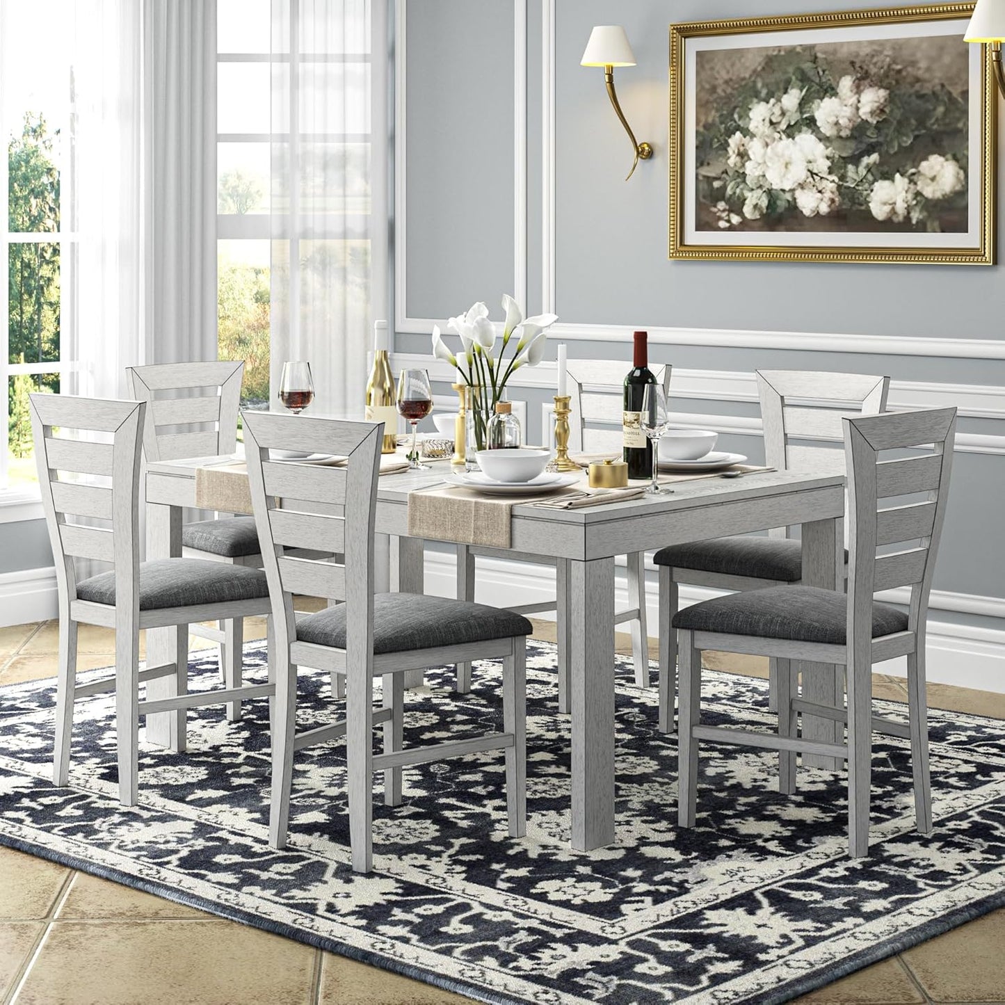 6-Piece Solid Wood Dining Table Set for 6, Modern Breakfast Dinette Extendable Kitchen Table with Chairs for Dining Room, Kitchen, Grey