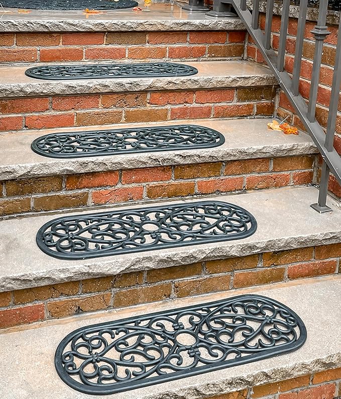 Set of 4 Rubber Stair Tread Mats 30 x 10 Inch Anti-Slip Outdoor Rug, Black – Scroll Pattern