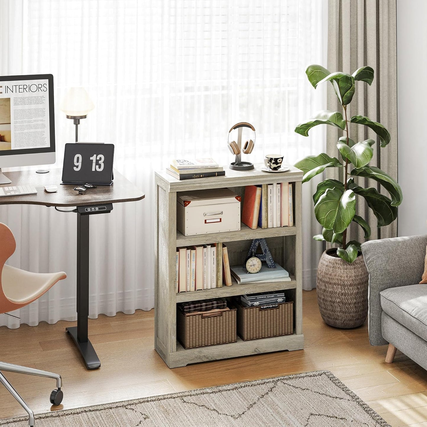 LINSY HOME 3-Tier Bookcase and Bookshelf, Small Wood Display Storage Shelves Farmhouse Bookshelf for Home Office, Living Room, Bed Room - Washed Grey