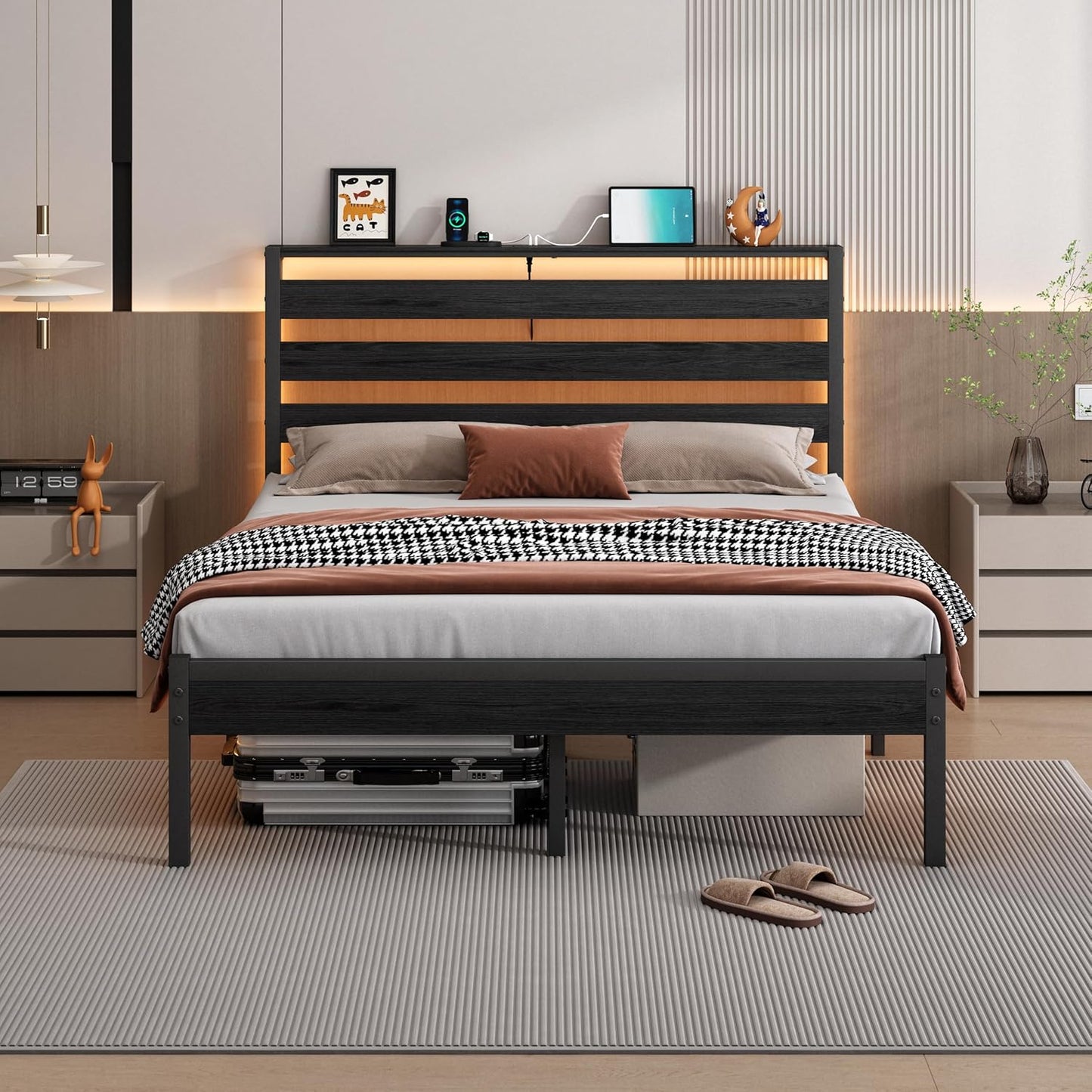 14 Inch Classic Metal Platform Bed Frame-Full Size Bed Frame with Headboard,Steel Slats Support-LED Bed Frame with USB Charging Station,Under Bed Storage,No Box Spring Needed,Noise Free