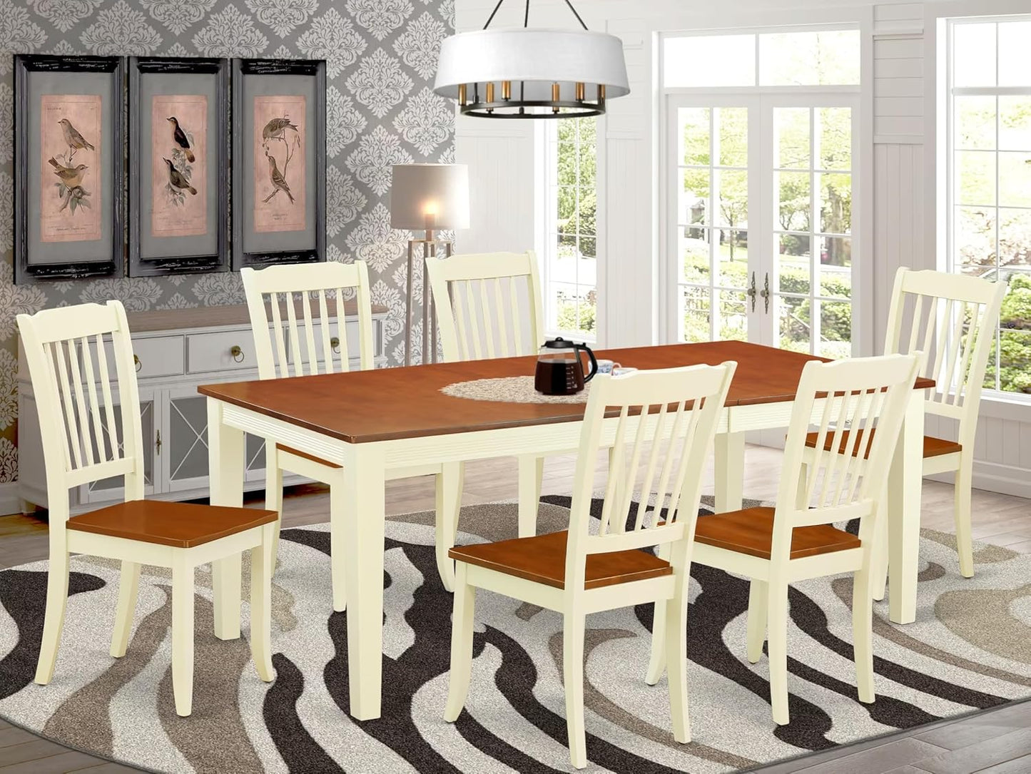 East West Furniture QUDA7-BMK-W 7 Piece Dining Table Set Consist of a Rectangle Wooden Table with Butterfly Leaf and 6 Dining Room Chairs, 40x78 Inch, Buttermilk & Cherry