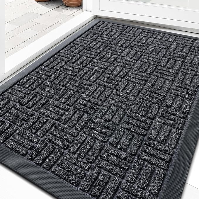 OLANLY Front Door Mat Outside Entrance 71x47, Absorbent, Heavy Duty Sturdy Natural Rubber Doormat Indoor Outdoor, Non-Slip, Stain and Fade Resistant, Low Profile Floor Mat for Entryway, Black Gray
