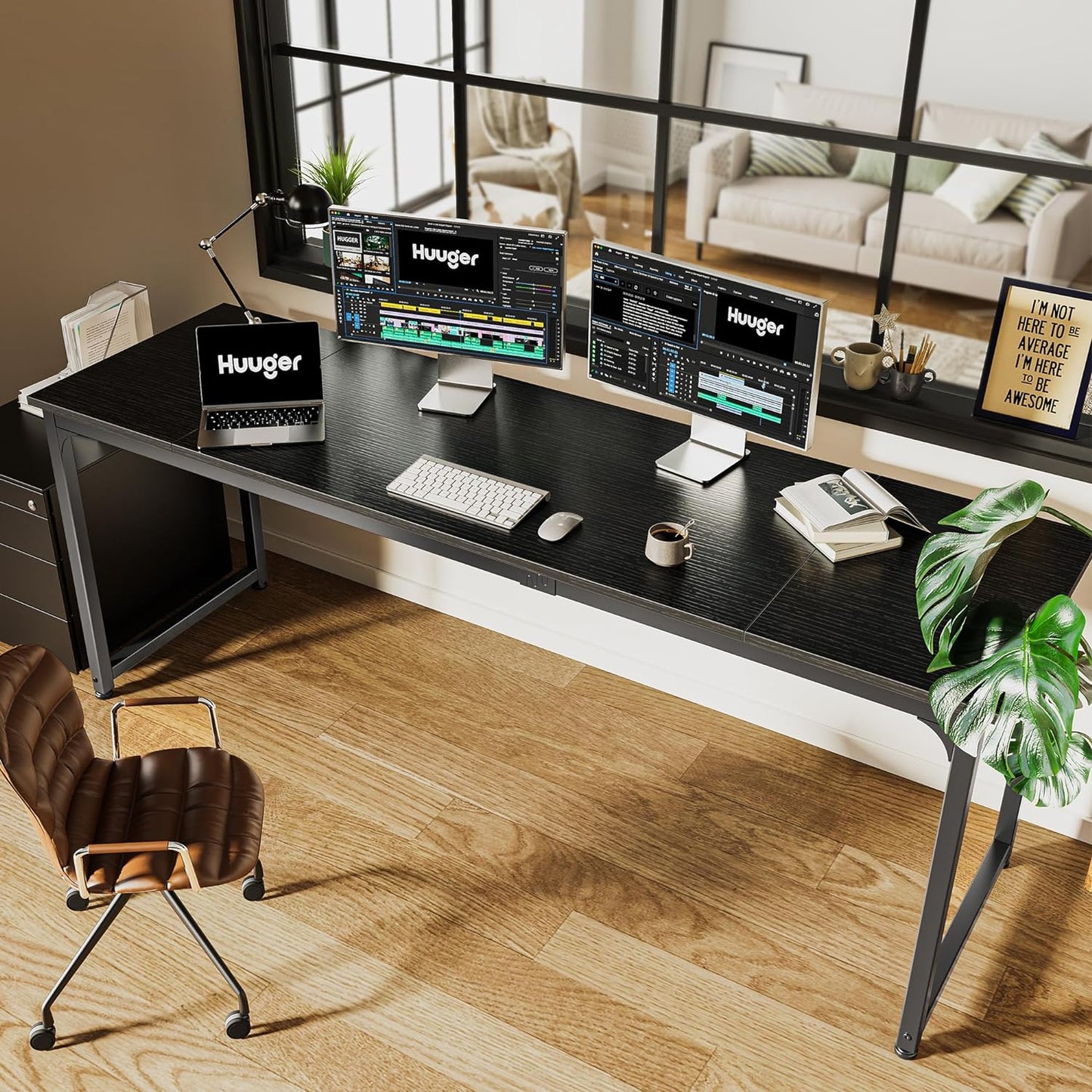 Huuger Computer Desk, 80 Inch Office Desk, Gaming Desk with Storage, Writing Desk Work Desk for Home Office, Study, Long Simple Desk, Large Legroom, Metal Frame, Black