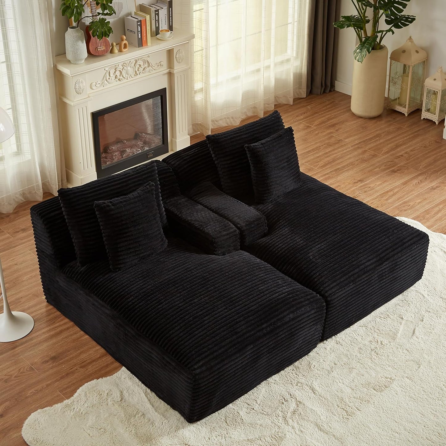ERYE 79" Oversized Double Chaise Lounge Indoor Sleeper Recliner Sofabed with 4 Pillows, Fluffy Corduroy Loveseat Sleeper Chaise Daybed 2 Pieces Boneless Chair Sofa Bed for Living Room Bedroom Reading
