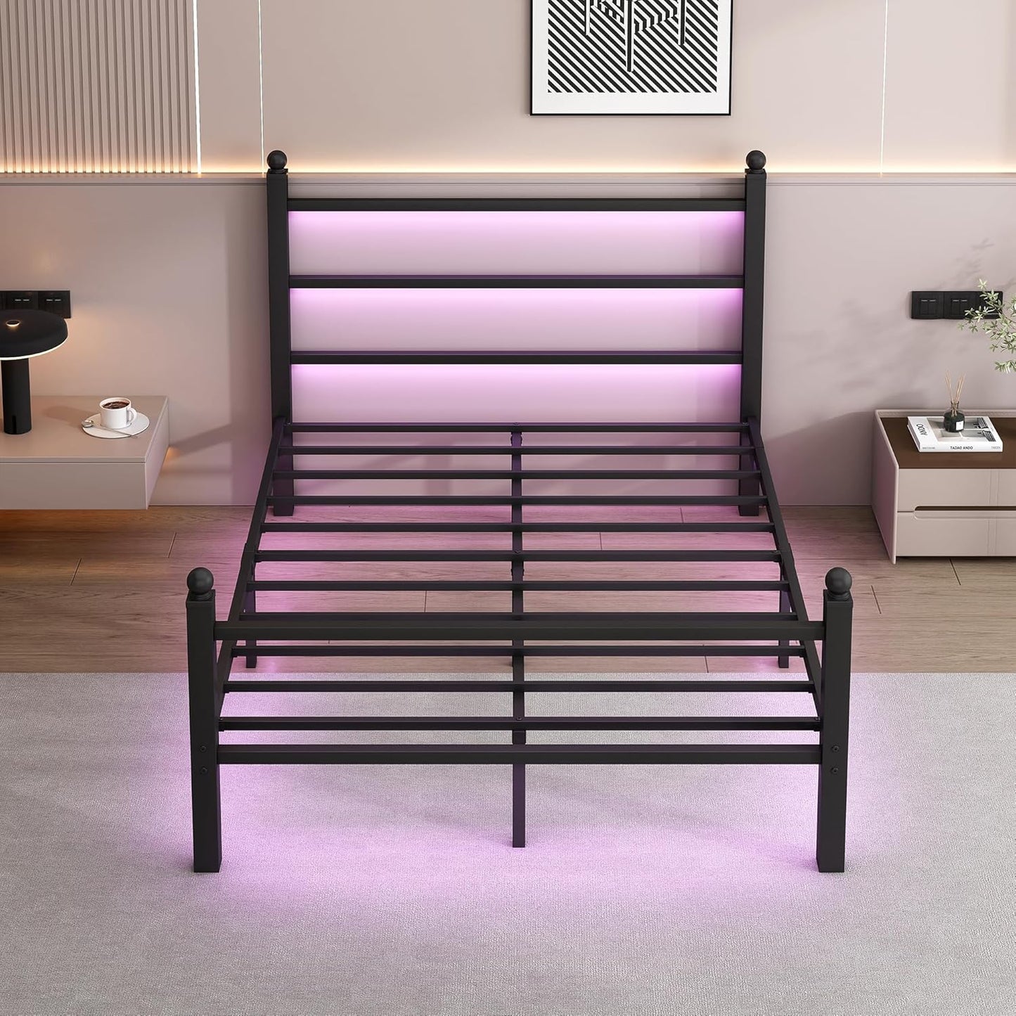 Full Size Bed Frame with Headboard and Footboard,Steel Slats Support-LED Bed Frame with USB Charging Station,Mattress Foundation-Under Bed Storage, No Box Spring Needed,Noise Free,Black