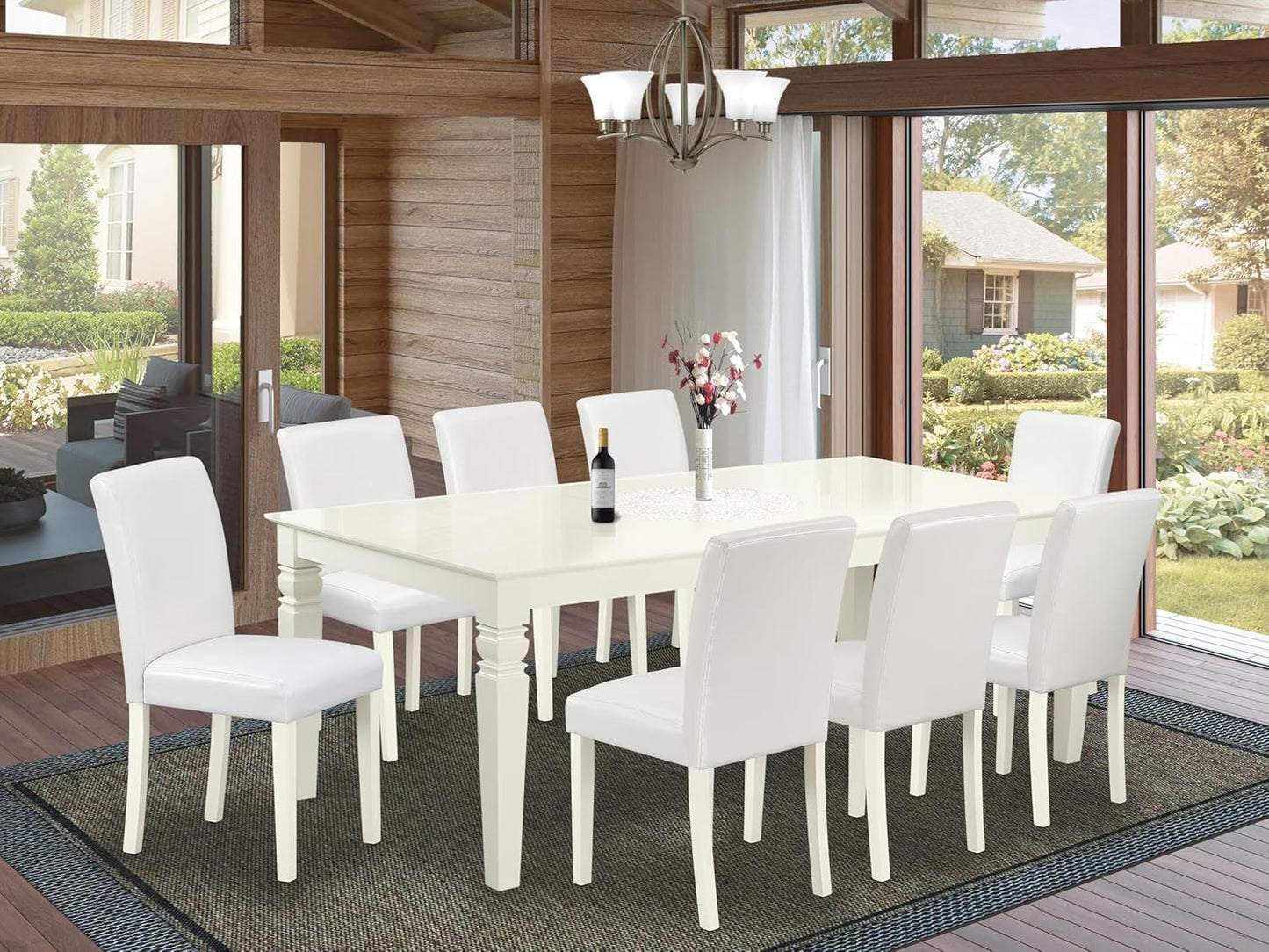 East West Furniture LGAB9-LWH-64 9 Piece Dining Table Set Includes a Rectangle Kitchen Table with Butterfly Leaf and 8 White Faux Leather Upholstered Chairs, 42x84 Inch, Linen White