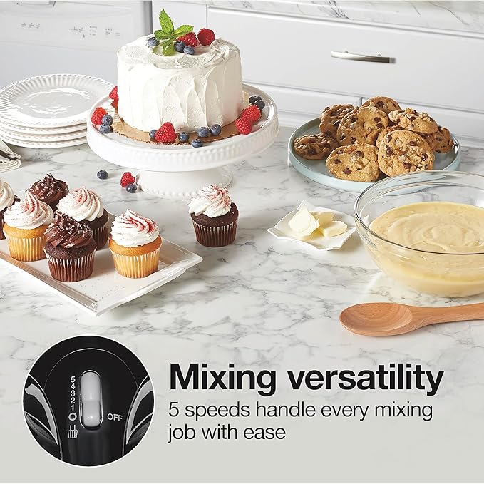 Proctor Silex Easy Mix 5-Speed Electric Hand Mixer with Bowl Rest, Compact and Lightweight, 215 Watts of Peak Power, Black (62511)