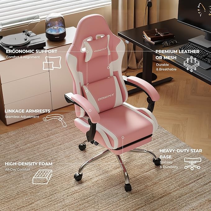 Ergonomic Gaming Chair with Footrest, Heavy Duty 330lbs Office Chair, Massage Lumbar Support, Adjustable Height & Headrest Pillow, Comfortable for Back Pain Relief, Streaming, Long Gaming, Rose