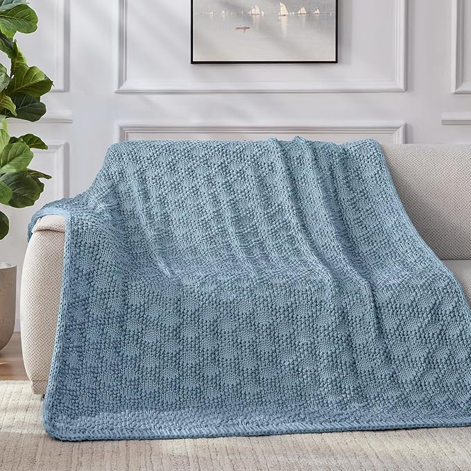 Knitted Weighted Blanket for Adult, Chunky Knit Weighted Throw for Sleep 60"*80" 20lbs, Cooling Breathable Machine Washable Heavy Blanket for Room Decor (HazeBlue, Queen)