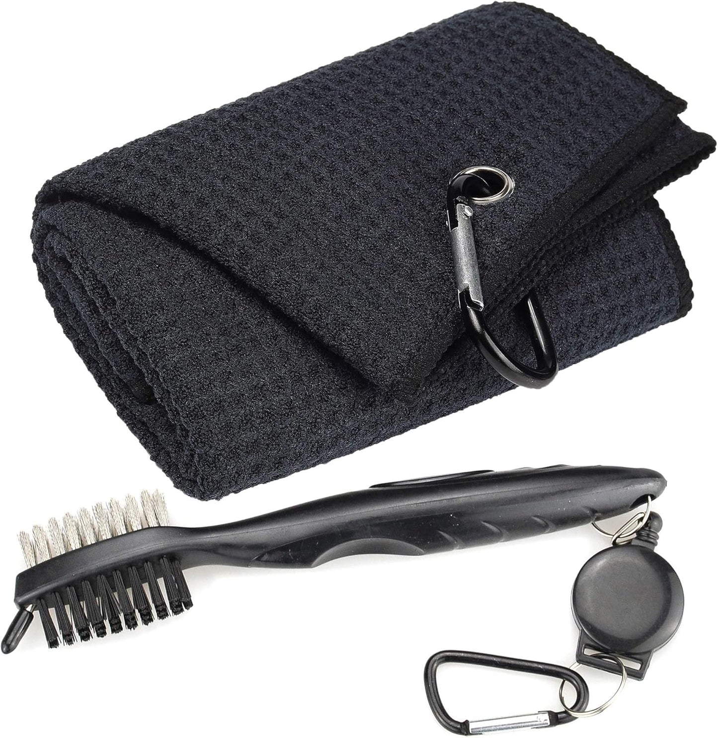Mile High Life Golf Towels - Microfiber Waffle Pattern Tri-fold, Brush Tool Kit with Club Groove Cleaner with Retractable Cord and Clip, for Men Women, Golf Gift