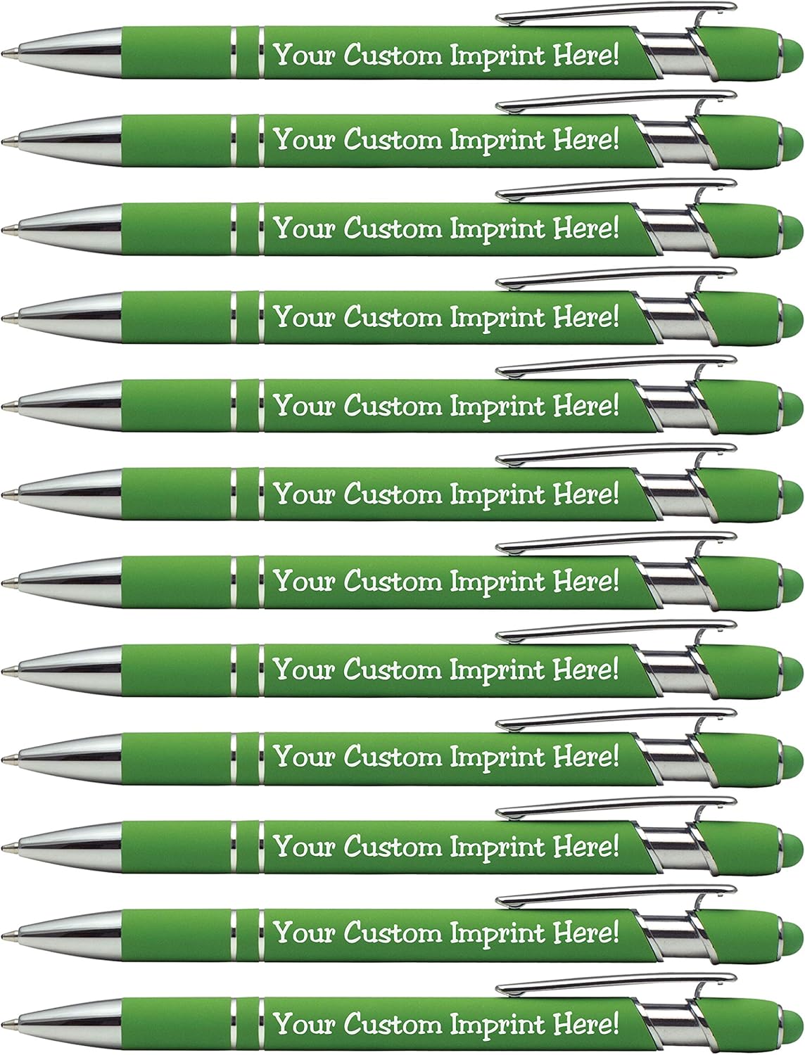 ExpressDesigns™ - Premium Custom Pens with Stylus | Burst of Color | Personalized Soft Touch Metal Printed Name Pens w/Black Ink - Imprinted w/Logo or Message - 12 pcs/pack (Green)