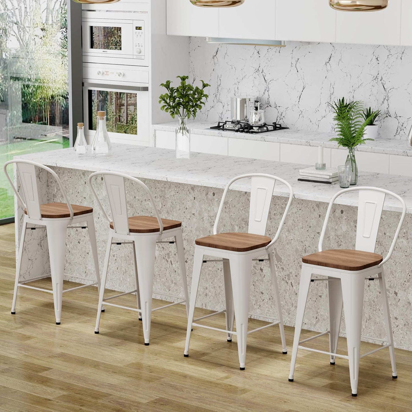 Changjie Furniture 24 Inches Metal Barstools Set of 4 Counter Height Bar Stools Industrial Stools with Backs High Back Chairs for Kitchen Island (24 Inch, White)