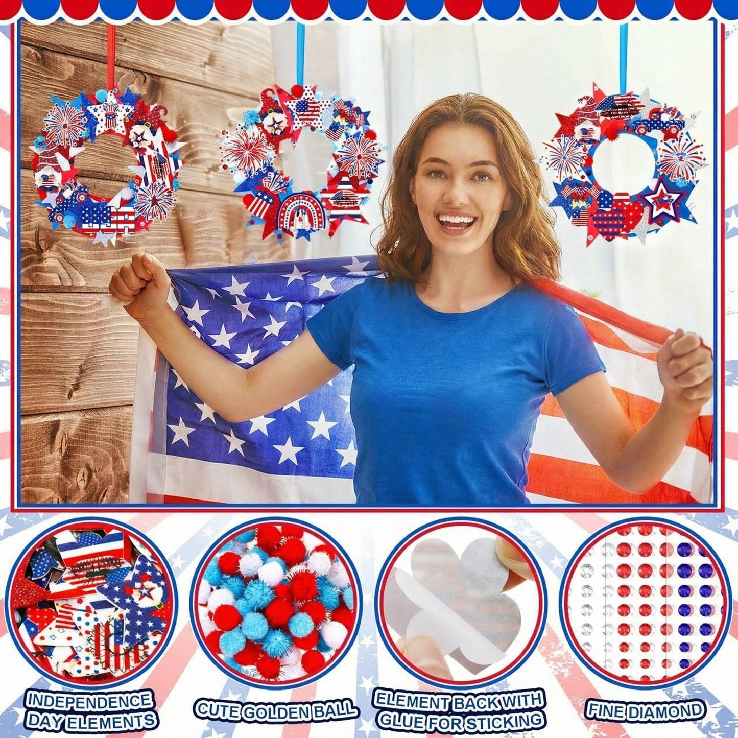SmoothNovelty 405 Pcs 4th of July DIY Craft Kits Memorial Day Crafts Wreaths Patriotic Wreath Kits 32 Pcs Foam Wreath with 373 Patriotic Stickers for 250th Anniversary Independence Day Party Supplies